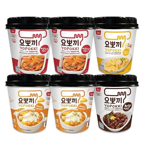 Yopokki Instant Tteokbokki Assorted Cup (Spicy 2, Cheese 2, Onion 1, Jjajang 1, Set of 6) - Korean Street Food with Sweet and Moderately Spicy Sauce, Quick & Easy to Prepare - Image 1