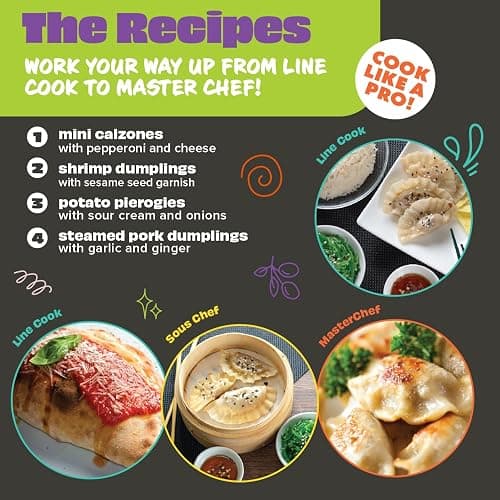 MasterChef Junior Kids Dumpling Making Set- 5 Pc Kit- Real Cookware Includes Recipes, Steamer Basket, Mold, Press Measuring Spoons Steamer Paper, Homemade Cooking Party for Dim Sum Soups Chinese Food thumbnail 5