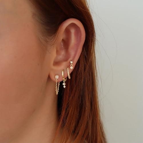 Gold Earrings for Women, 14k Gold Plated Dangle Huggie Earrings for Women Trendy Dainty Gold Hoop Earring Stacks Hypoallergenic Pearl Chain Drop Cartilage Earring Fashion Womens Jewelry thumbnail 2