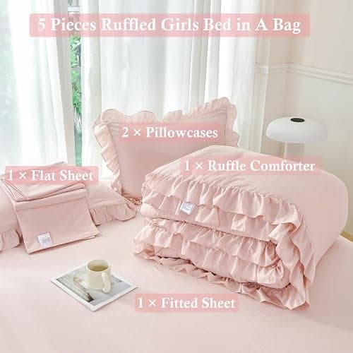 ANGIYUIN Blush Pink Comforter Sets Twin Size 5 Pieces Ruffle Bed in A Bag Farmhouse Bedding Sets Solid Color Soft Fluffy Bed Sets for Kids Girls（Blush Pink Twin） thumbnail 4