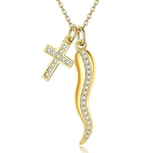 AXOMY Cornicello Necklace 925 Sterling Silver Italian Horn Necklace Cross Pendant Good Luck Protection Amulet Jewelry Gift for Women - Image 1