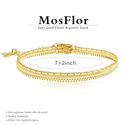 Gold Chain Bracelet for Women Men Trendy - 14K Gold Plated Bracelet Dainty Gold Snake Link Bracelet Stack Simple Jewelry Chain Set Adjustable Bracelet Accessories for Dad Husband 3 Pcs thumbnail 5