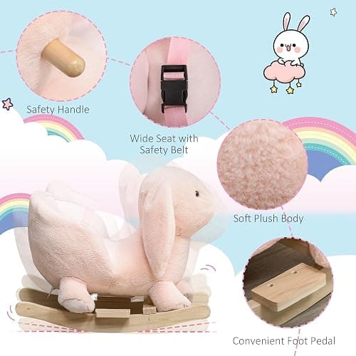 Qaba Baby Rocking Horse, Plush Rabbit Animal Rocker with Simulated Sound, Wooden Base, Seat Belt, Stuffed Rocking Chair for Toddler 18-36 Months, Pink thumbnail 5