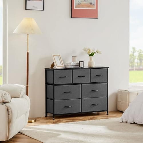 OLIXIS 7 Drawers Dresser for Bedroom, Fabric Storage Tower for Living Room, Entryway - Sturdy Steel Frame, Wooden Top & Easy Pull Fabric Bins, Closet Chests Organizer for Clothes, Classic Grey thumbnail 2