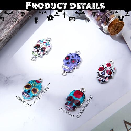 MTLEE 100 Pieces Halloween Sugar Day of The Dead Charms Enamel Skull Pendants Alloy Colorful for DIY Necklaces Bracelets Bangles Key Chains Earring Jewelry Accessories thumbnail 3