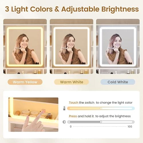 BTHFST Makeup Vanity with Upholstered Stool & Charging Station, Vanity Desk with Mirror and Lights, Vanity Table Set with Jewelry Storage & RGB Lights & 5 Drawers & Shelves, White & Gold thumbnail 4