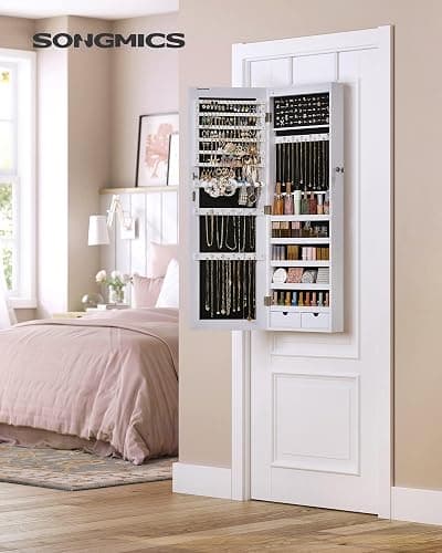 SONGMICS Hanging Jewelry Cabinet, Wall-Mounted Cabinet with LED Interior Lights, Door-Mounted Jewelry Organizer, Full-Length Mirror, Gift Idea, White UJJC99WT thumbnail 2