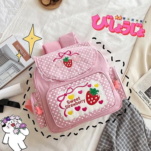 Haowul Japanese Style Kawaii Bookbag Strawberry Mini Backpack Embroidered Strawberry Lace Backpack Cute School Bag for Girl thumbnail 2