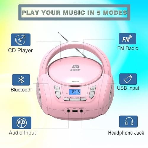WIITHINK Portable CD Player Boombox with Bluetooth,FM Radio,USB MP3 Playback,AUX-in,Headphone Jack,CD-R/RW and MP3 CDs Compatible,Small CD Player for Home or Outdoor thumbnail 2