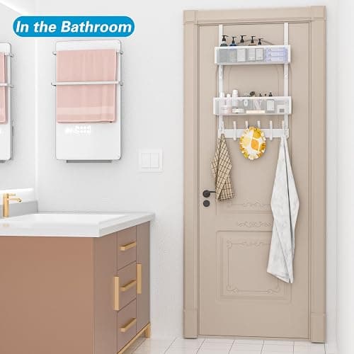 Aimeaihe Over the Door Hooks Organizer,Door Hanger Fits Doors 1 3/4" White | 12 Coat Hooks and 2 Mesh Basket,Space-Saving,Back Storage Organizer,Over The Door Towel Rack,for Bathroom,Bedroom,Kitchen thumbnail 7