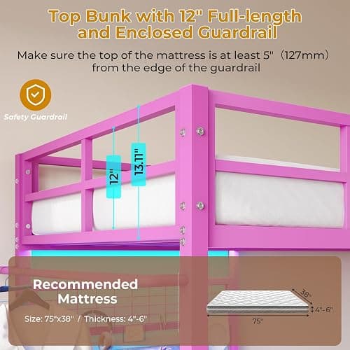 DICTAC Bunk Bed with Desk and Charging Station Metal Loft Bed Twin Size with Led Lights & Storage Shelves and Drawers L-Shaped Twin Over Twin Size Bunk Bed for Teen,Safety Guardrail and Ladder,Pink thumbnail 6