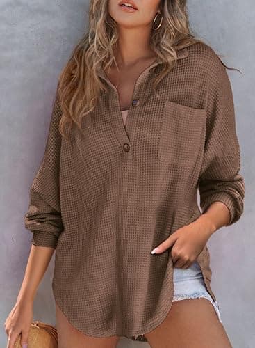 Astylish Women Waffle Knit Tops Henley Shirts Long Sleeve V Neck Solid Color Casual Tunic thumbnail 2