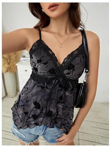 Verdusa Women's Y2K Tops Babydoll Tops Summer Tank Tops Going Out Tops Floral Lace Mesh Tops Whimsical Clothes thumbnail 3