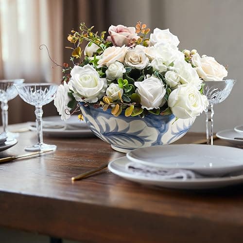 Maxdot Blue and White Bowl 10 x 5 Inch Large Hand Painted Stoneware Decorative Vase Bowl with Floral Chinoiserie Ceramic Design for Kitchen Centerpiece Creative Home Decor thumbnail 8