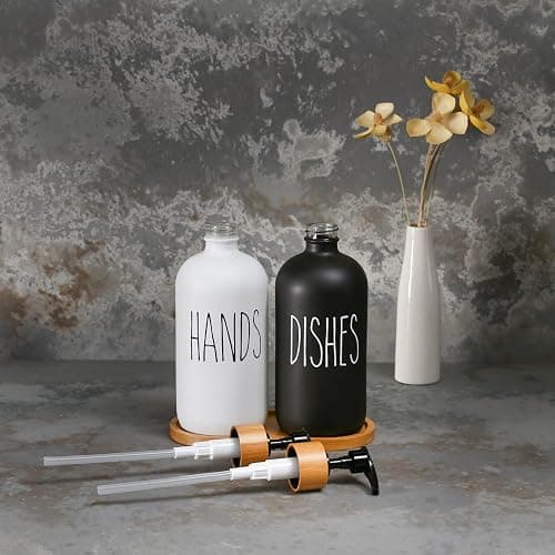 MOMEEMO Glass Soap Dispenser Set, Contains Hand Soap and Dish Soap Dispenser.Suitable for Kitchen Decor. (Black & White) thumbnail 5