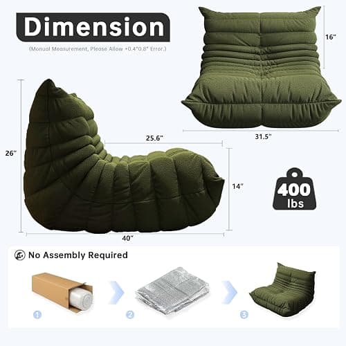 Memory Foam Bean Bag Chair for Adults, Teddy Material Beanbag Sofa with Filler, Cozy Floor Lounge Seat for Living Room, Bedroom, Dorm, Office (Green) thumbnail 2