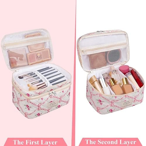 Gosect Makeup bag, Large Cosmetic Bag for Women Girls, Cute Quilted Makeup Bags, Floral Coquette Aesthetic Toiletry Bag, Travel Make Up Organizer Bag (Pink) thumbnail 4