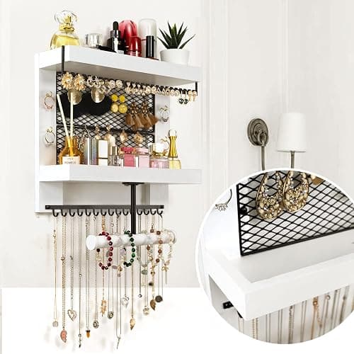 Pinzoveco Hanging Jewelry Organizer Wall Mounted, Vintage Style Double-layer Necklace Holder Organizer Display For Necklaces Bracelet Earrings Ring (White) thumbnail 2