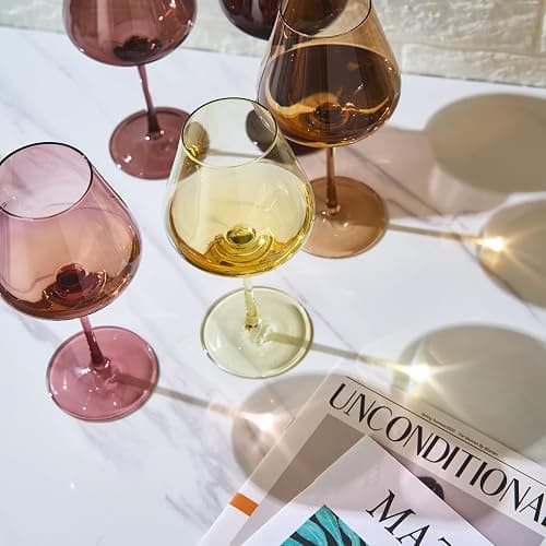 Terracotta Mars Collection Colored Crystal Wine Glass Set of 5, Gift For Him, Mom Dad Friend - 20 oz Glasses, Unique Italian Style Tall Drinkware - Red & White, Beautiful Glassware thumbnail 7