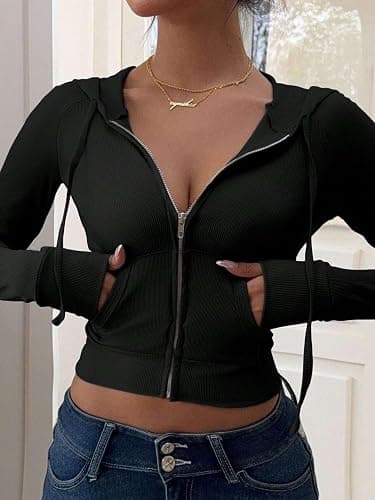 BJhaz Women's Long Sleeves Y2k Hoodie Crop Zip Up Ribber Knit Jacket Tops Slim Fit Sweatshirt with Pockets thumbnail 3