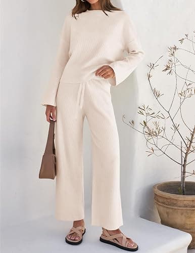 ZESICA Women's 2 Piece Outfits Set 2025 Casual Long Sleeve Knit Pullover Top and Wide Leg Pants Sweatsuit Lounge Sets thumbnail 6