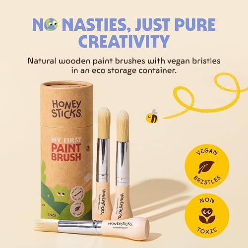 Honeysticks My First Paint Brush Set - 3 Pack: Ideal for Babies and Toddlers. Jumbo Brushes with Chubby Wood Handles for Easy Grip, Vegan. Includes Handy Storage Container thumbnail 3