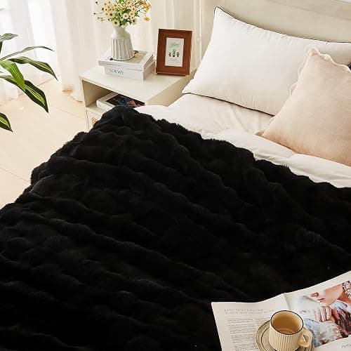 Wajade Fluffy Faux Fur King Size Blanket for Bed Couch 90x106 Inches, Luxury Ultra Soft Thick Fuzzy Plush Bubble Blanket, Reversible Warm Cozy Blanket for Sofa Chair, Black thumbnail 5