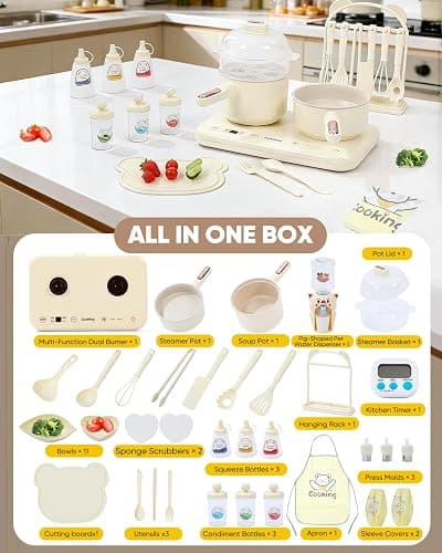 Cooking Sets Real Electric Dual Stove - Montessori Cooking Set with Mini Kitchen Tools, Safe Utensils, Apron & Cookware -Great for Pretend Play Montessori Learning (Beige) thumbnail 2