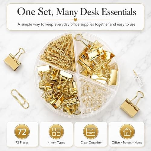 CREECHWA Gold Paper Binder and Clips Set, Metal Assorted Sized Binders with Push Pins, Cute Office Supplies, Teacher Desk Must Haves, Desk Accessories thumbnail 2