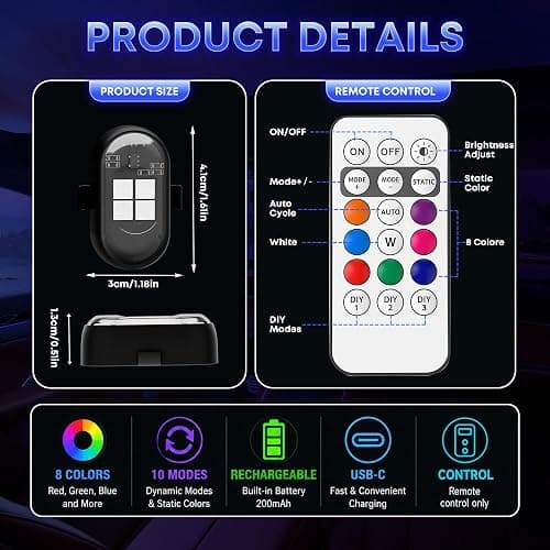 Wireless LED Lights for Car, Rechargeable Interior Car Lights | Remote Control, 8 Colors, 10 Modes, 3 Brightness Levels, USB-C Accent Lights for Car, Truck, Motorcycle & Bike thumbnail 6