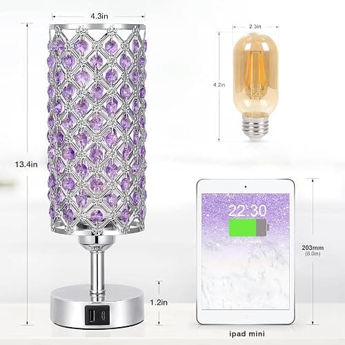 Hong-in Purple Lamp for Girls Room-Crystal Touch Lamp with USB-C+A Ports,3 Way Dimmable Bedside Light with Crystal Shade for Bedroom Home Office thumbnail 5
