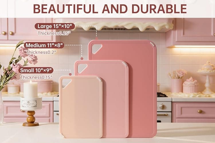 THETCHRY Plastic Cutting Board Set, Pink Cutting Board with Non-slip, Cutting Board for Kitchen Set of 3, Dishwasher Safe, BPA Free, Reversible, with Grip Handle, Pink thumbnail 3