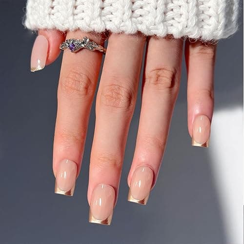 Calkrer - Lot de 24 faux ongles à pression - Couleur or - Taille moyenne - Couverture complète - Colle gel et lime à ongles thumbnail 5