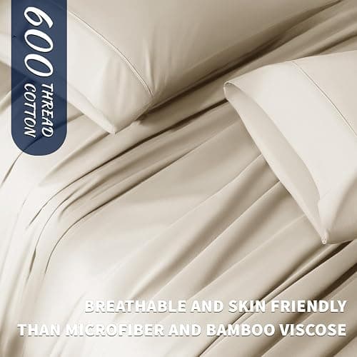 Shilucheng 100% Cotton Queen Size Sheets Set - 600 Thread Count，Luxury Egyptian Cotton Bed Sheets，5-Star Hotel Quality Sheets, Breathable & Cooling, 16 Inch Deep Pocket - 4 Piece (Cream, Queen) thumbnail 6