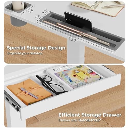 JYLH JOYSEEKER Mobile Standing Desk with Drawer, 35" Small Standing Desk with Cup Holder, Rolling Laptop Desk on Wheels, Height Adjustable Desk with Storage for Home Office, White thumbnail 4