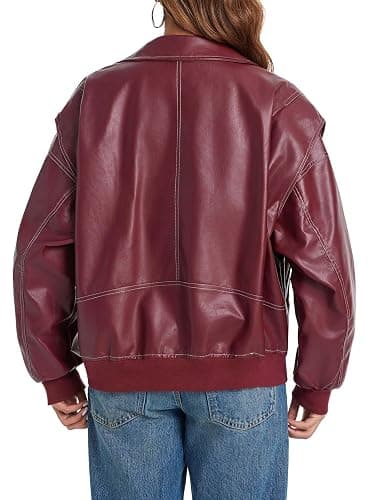 Tankaneo Womens Oversized Leather Bomber Jackets Cap Sleeve Zip Up Motorcycle Coats with Pockets thumbnail 6