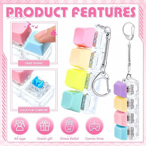Halloscume 4 Pcs Keyboard Adult Fidget Clicker 4-in-1 Keyboard Fidget Keychain Cube Mechanical Key Button Clicker Stress Relief Gift for Office Home to Pass The Time (Pastel Colors) thumbnail 4