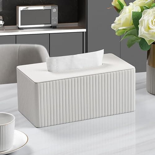 MEIBOOCH PU Leather Tissue Box Cover for up to 3.9" High Boxes, Rectangle Tissue Box Holder for Bathroom Bedroom Living Room Office (Ivory) thumbnail 2