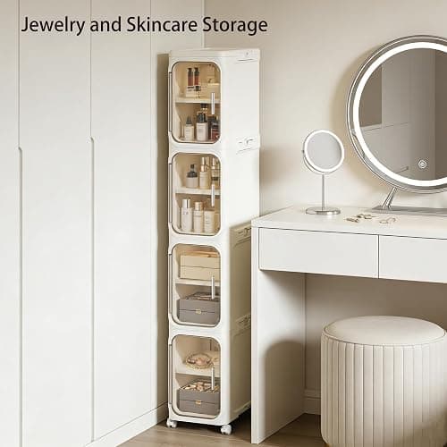 2-Tier Narrow Storage Cabinet Slim Bathroom Skinny Organizer with Wheels | Slim Storage Cabinet with Lockable Rolling Wheels Adjustable Detachable Shelves Snap Assembly for Small Spaces,Snow White thumbnail 4