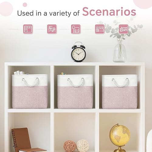 FinishingBo Cube Storage Bins, 6 Pack 11x11 inch with Cotton Handles for Closet, Shelves, Clothes, Towel (White/Pink) thumbnail 7