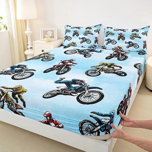 Erosebridal Dirt Bike Bed Sheet Twin Size, Extreme Sport Fitted Sheet for Kids Boys Teens, Motorbike Sport Bedding Set Motocross Rider Bedding Decor Set 2 Pieces with 1 Pillow Case, Blue thumbnail 6
