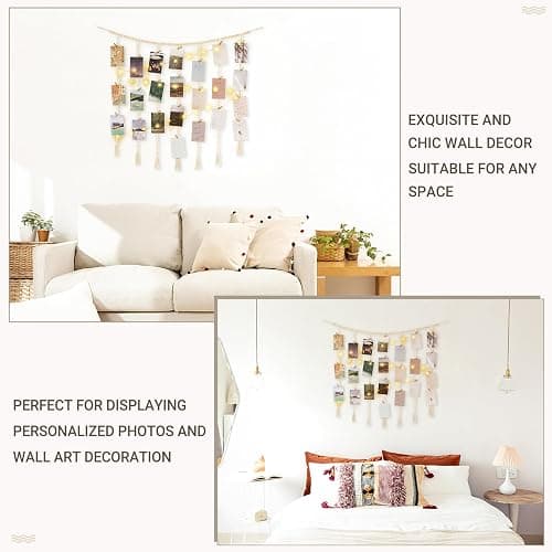 Mkono Macrame Hanging Photo Display Wall Decor with String Lights, Boho Wooden Beads Garland Collage Picture Card Frame Holder with 45 Clips for Bedroom Living Room Dorm, Teen Girls Christmas Gifts thumbnail 4