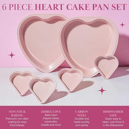 Paris Hilton Heart Shaped Nonstick Bakeware Set, Easy Release Carbon Steel, Includes two 9.5-Inch Pans and four Mini 3.5-Inch Pans, Dishwasher Safe, Made without PFAS or PFOA, 6-Piece Set, Pink thumbnail 4