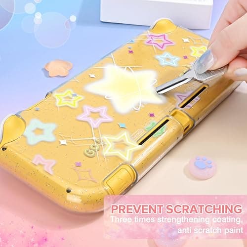 DLseego Protective Case Suitable for Switch Lite Console 2019, TPU Soft Shell Anti-Slip Shock-Absorption Crystal Protective Heart Games Case with 2 PCS Cute Cat Paw Thumb Grips Caps - Glitter Yellow thumbnail 4
