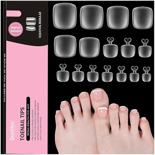 Beetles Soft Gel Toe Nail Tips Square - 16 Sizes 192 Pcs Nail Tips | Full Cover Fake Acrylic Toe Nail Pre-Etched Double Matte Press on Toenails, Toe Nail Extensions for Women - Image 1
