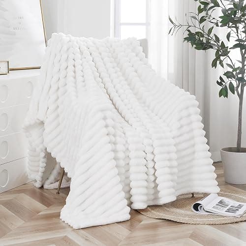 Taliska White Fleece Throw Blanket 50"x60" - Soft Cozy Fluffy Striped Blanket for Couch Sofa Travel, Lightweight Warm Throw Blankets for All-Season Home Decor - Image 1