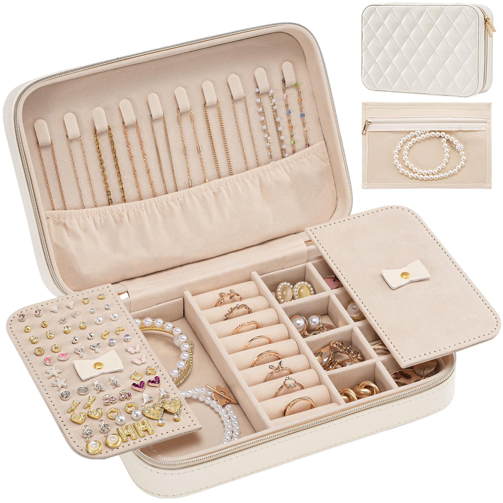 Lolalet Travel Jewelry Case for Women Girls -Medium, White | Jewelry Box Organizer for Travel Essentials, Mirror & Clear Storage Bag, Earring Necklace Bracelet Ring Holder, Ideal Gift - Image 1