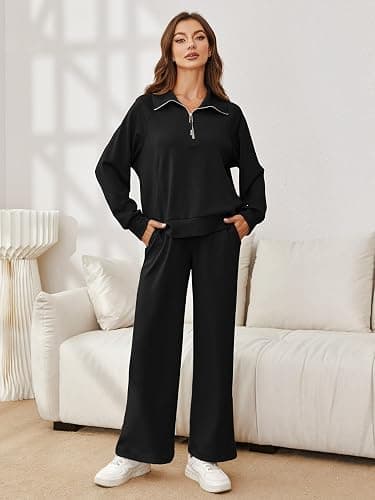 Glamaker Womens 2 Piece Outfits Sweatsuit Set Oversized Half Zip Sweatshirt Wide Leg Sweatpants Lounge Set Tracksuit thumbnail 2