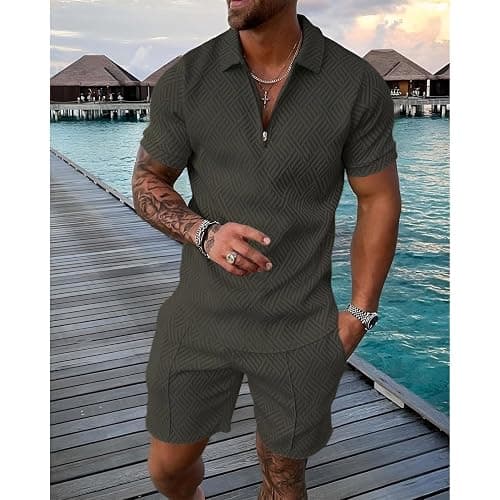 amropi Homme Survêtement de Sport T-Shirt à Manches Courtes Fermeture éclair et Short Ensemble thumbnail 2
