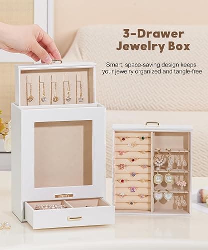 Homde Jewelry Organizer Girls Women Jewelry Box for Necklaces Rings Earrings Gift Bracelets Storage Case (White + Gold) thumbnail 5
